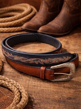 Cody James Embroidered Western Genuine Leather Belt in Brown & Navy Sz 42